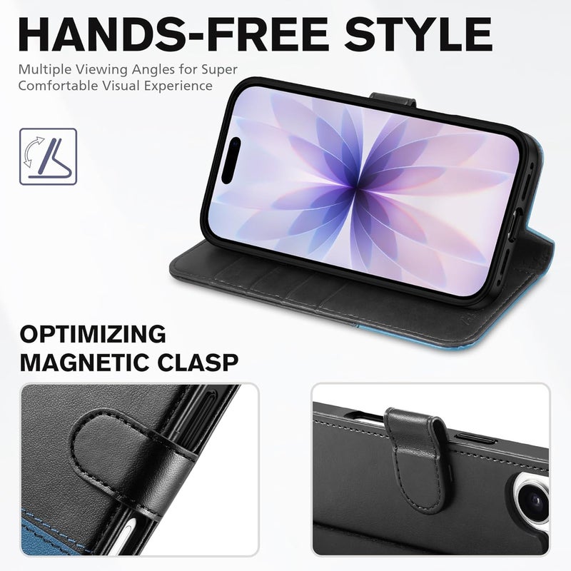 TUCCH Wallet Case for iPhone 17 (6.3-Inch) 2025, RFID Blocking 4 Card Slots | Kickstand | Magnetic Closure | PU Leather | Shockproof TPU Shell | Protective Flip Cover | Black & Light Blue - Image 4